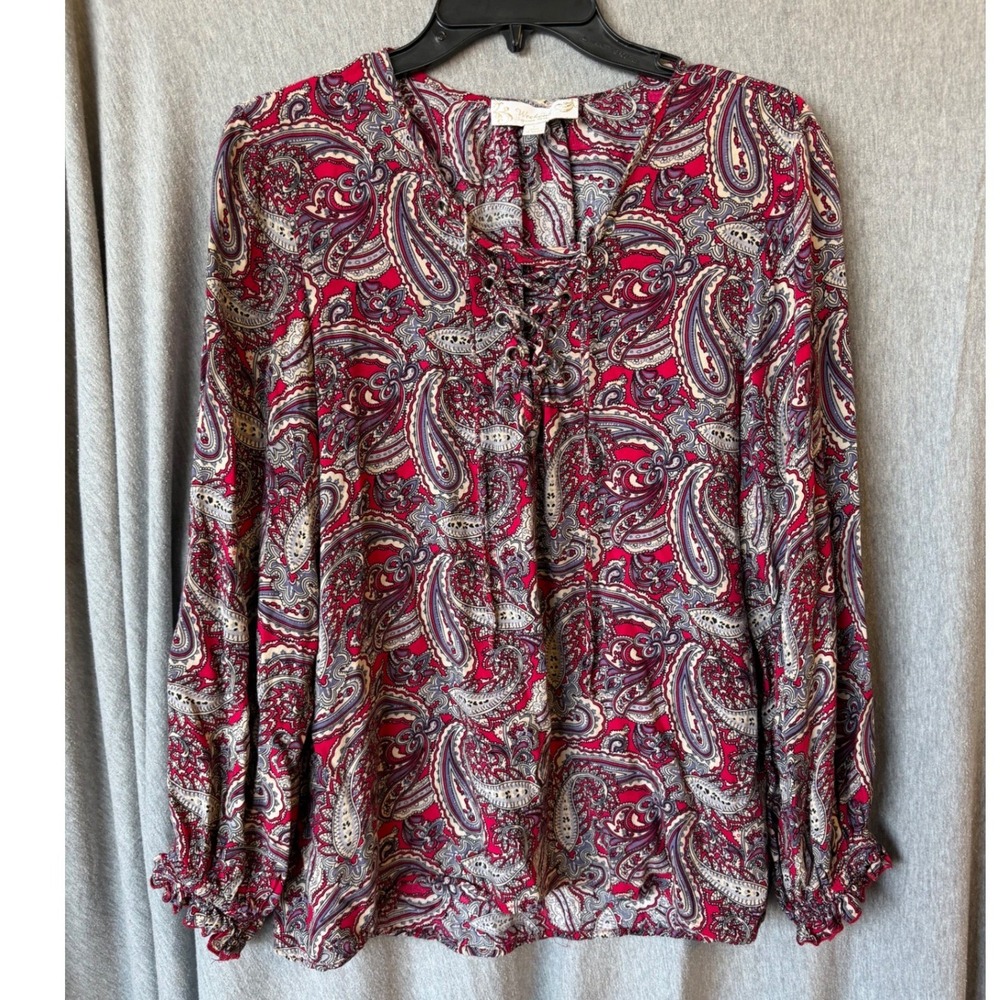 Weekend Suzanne Betro Paisley Blouse Red Lace Up Boho Festival Peasant Large